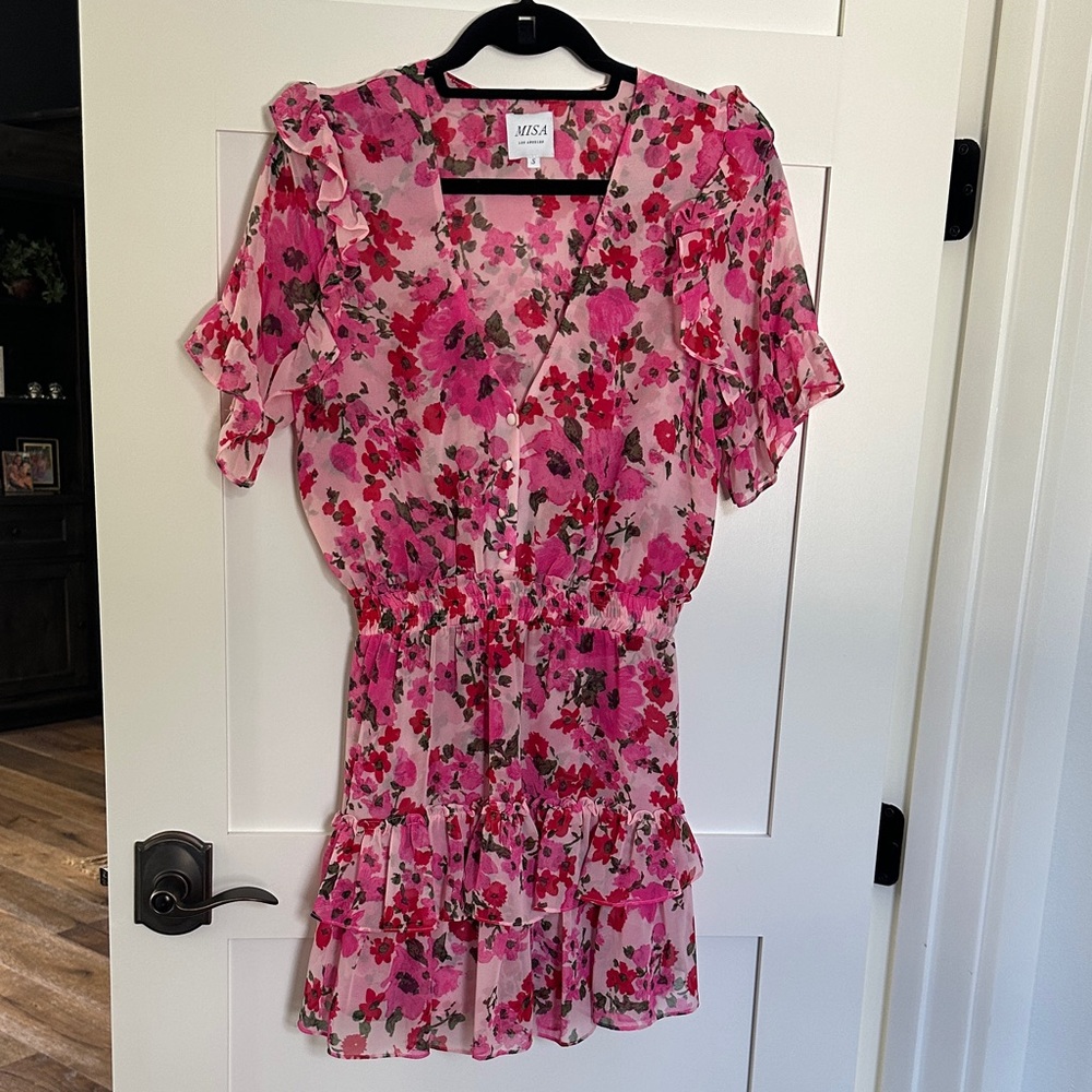 Misa Los Angeles Pink and Red Flutter Sleeve Ruffled Blouse